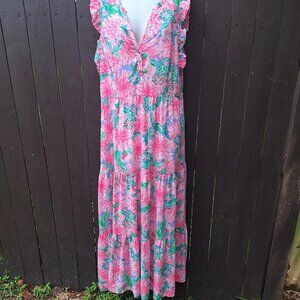 Lilly Pulitzer DESTINI Maxi Dress Sz 16 Tiered Pink Blossom Pink Label